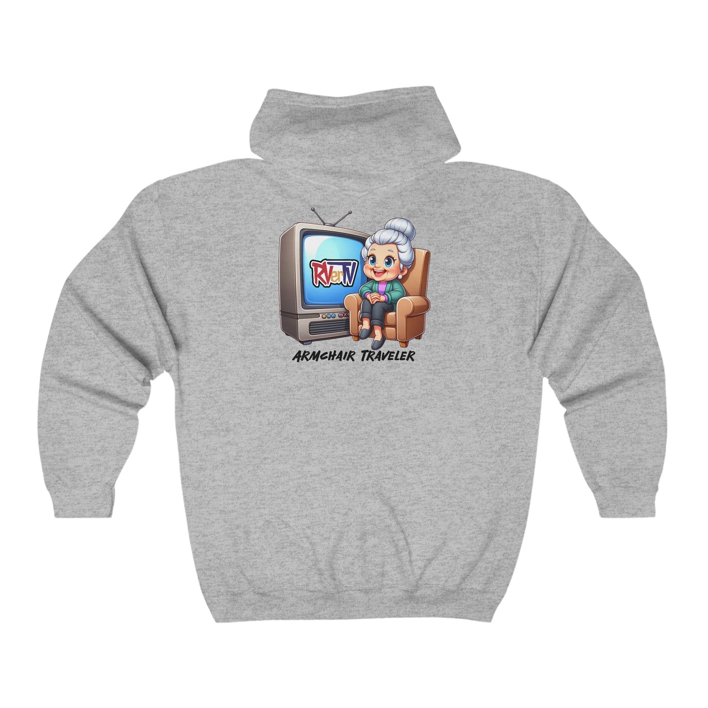 Armchair Traveler Grannie (on back) - Full Zip Hooded Sweatshirt