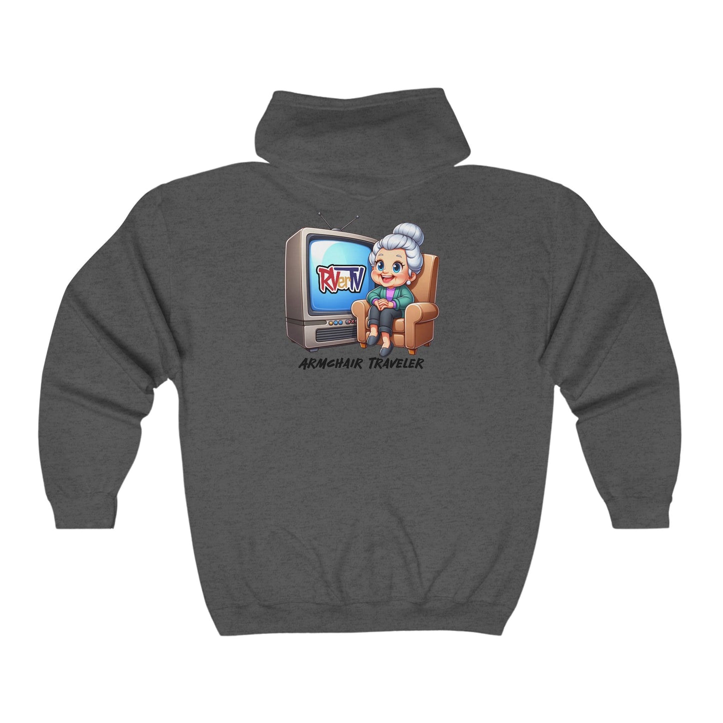 Armchair Traveler Grannie (on back) - Full Zip Hooded Sweatshirt